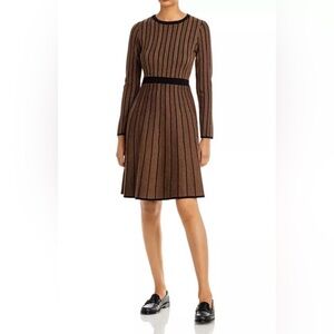 Tahari Brown and Black Striped Long-Sleeve A-Line Dress